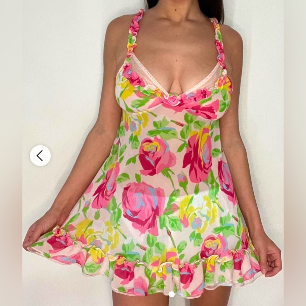 Vintage Betsey Johnson Pink Floral Chiffon Mini Dress Large
